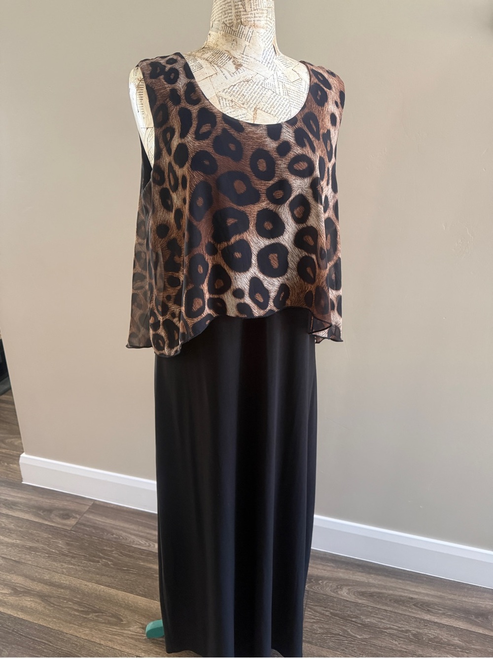 Sleeveless Black Maxi Dress with Leopard Print Overlay